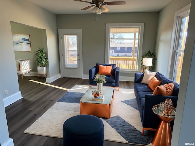 living area featuring ceiling fan, wood finished floors, and baseboards