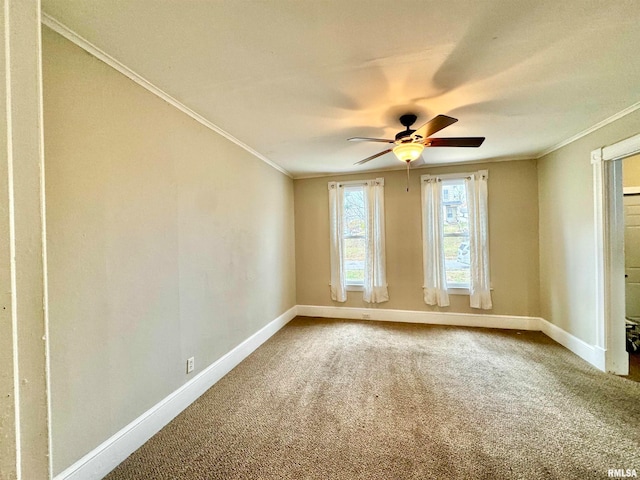 empty room featuring ceiling fan, carpet flooring, and ornamental molding