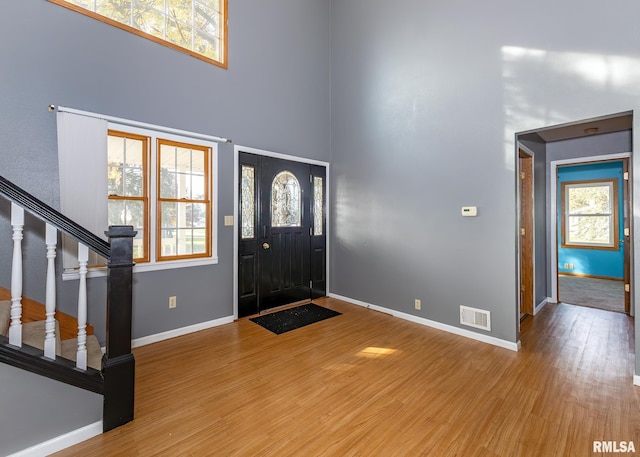 foyer featuring a towering ceiling and wood-type flooring