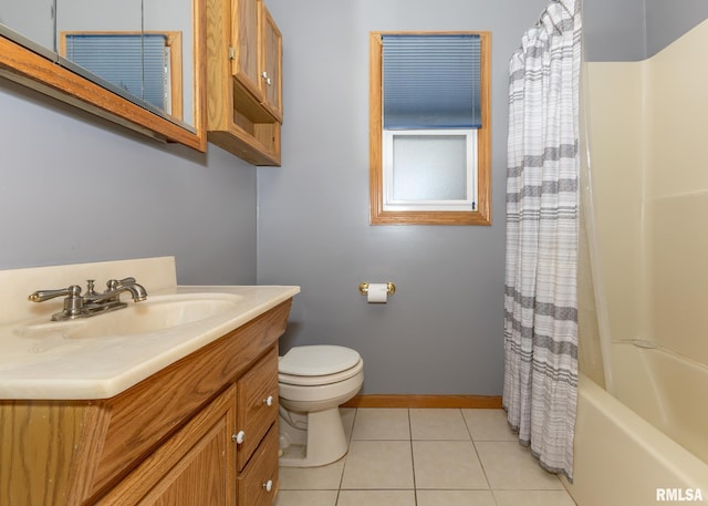 full bathroom featuring shower / bath combo, toilet, vanity, and tile patterned floors