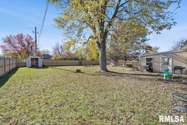 view of yard with a storage shed