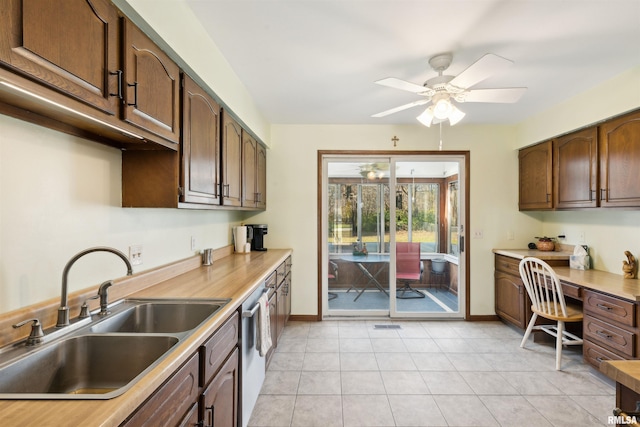 kitchen featuring ceiling fan, sink, light tile patterned floors, and stainless steel dishwasher