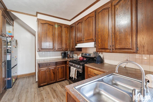 kitchen featuring stainless steel appliances, sink, ornamental molding, tasteful backsplash, and light hardwood / wood-style flooring