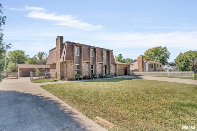 107 Hilltop St, Colona, IL 61241 - view of front of house with concrete driveway, mansard roof, a garage, brick siding, and a chimney