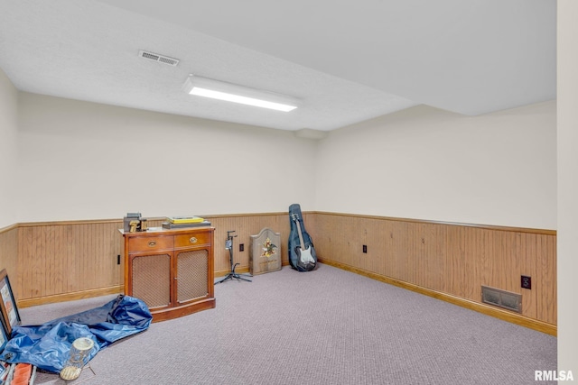 misc room featuring light colored carpet and wooden walls