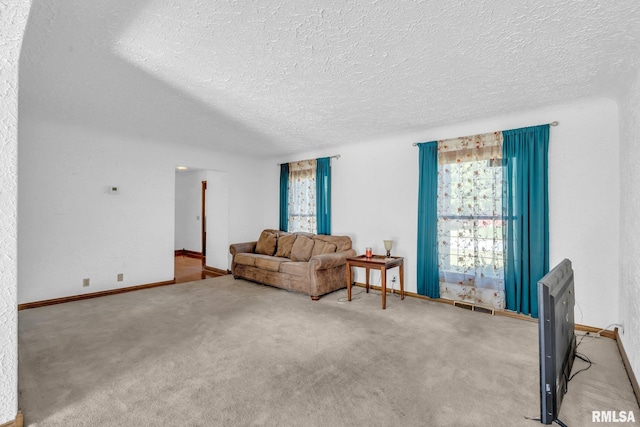 carpeted living room with a textured ceiling