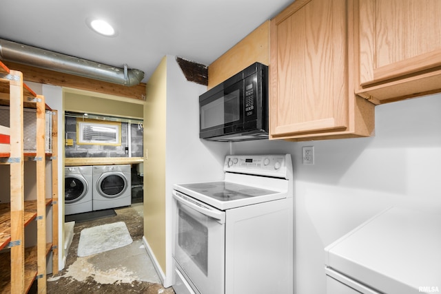 kitchen featuring light brown cabinetry, washer and clothes dryer, and white range with electric cooktop