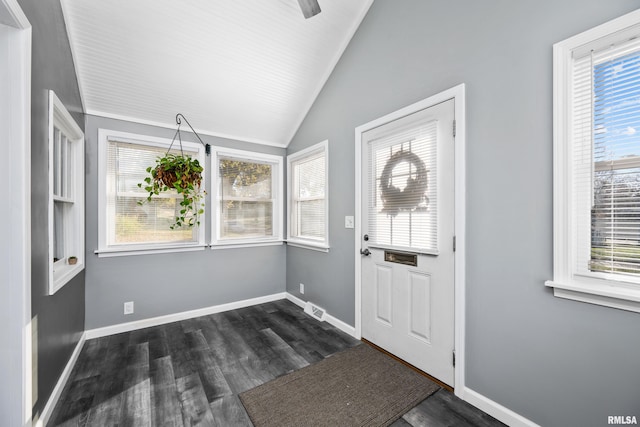 foyer entrance with dark wood-type flooring, a wealth of natural light, and lofted ceiling