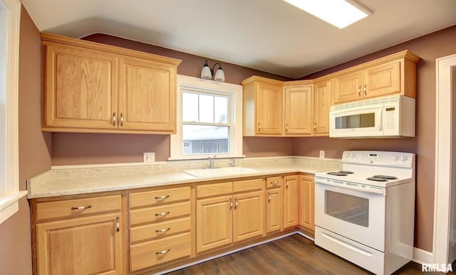 kitchen featuring dark hardwood / wood-style floors, light brown cabinets, white appliances, and sink