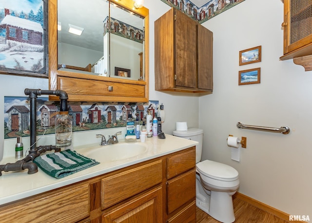 bathroom with vanity, hardwood / wood-style flooring, and toilet