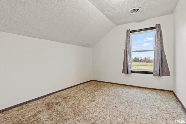 additional living space featuring a textured ceiling, carpet floors, and lofted ceiling