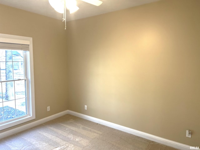 unfurnished room featuring ceiling fan, plenty of natural light, and carpet