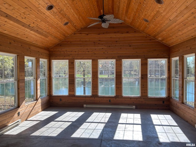 unfurnished sunroom with ceiling fan, wood ceiling, lofted ceiling, and a baseboard heating unit