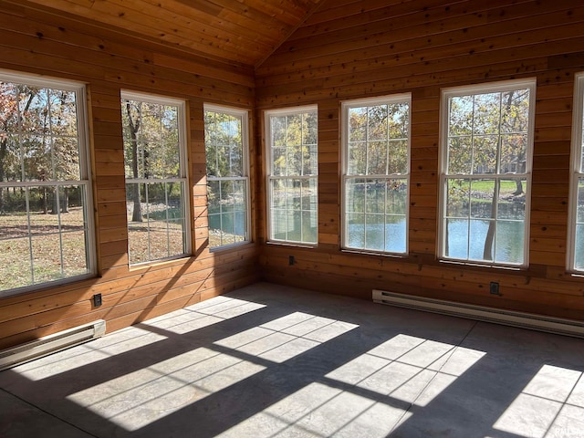 unfurnished sunroom featuring wooden ceiling, vaulted ceiling, and a baseboard heating unit