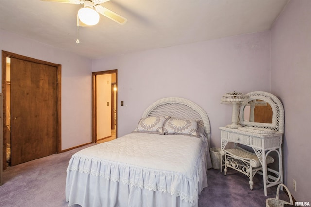 bedroom featuring carpet floors, a closet, and ceiling fan