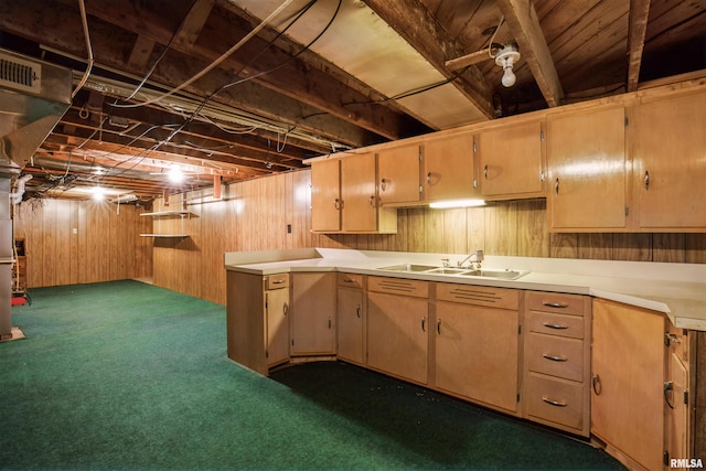 kitchen with wooden walls, sink, and dark carpet