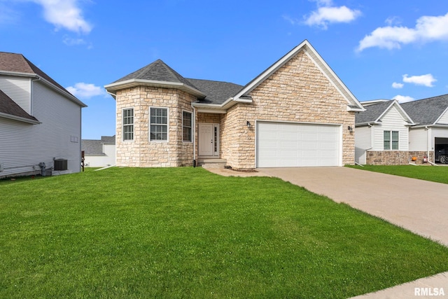 view of front facade featuring central AC unit, a garage, and a front yard