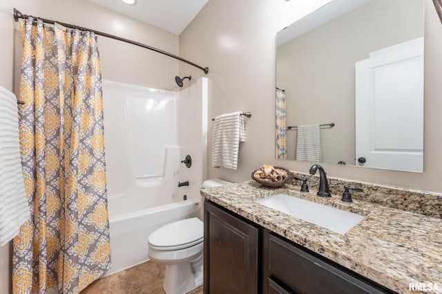 full bathroom with tile patterned flooring, vanity, toilet, and shower / tub combo with curtain