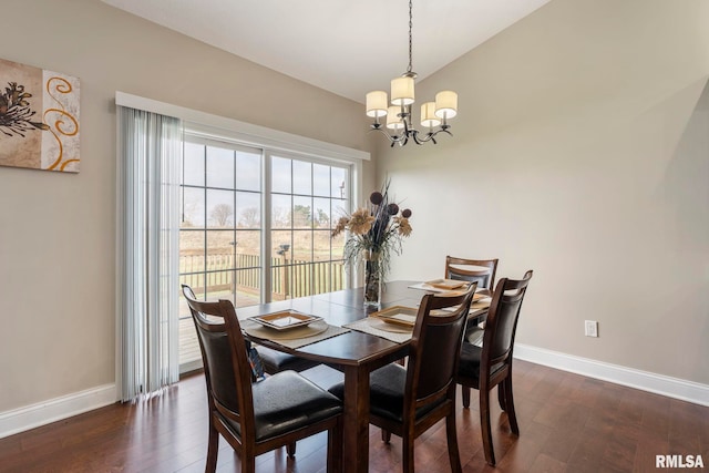 dining area with an inviting chandelier and dark wood-type flooring