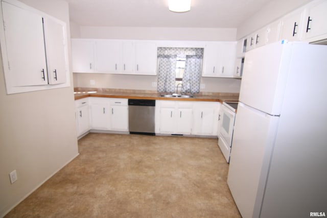 kitchen featuring light carpet, sink, white cabinets, and white appliances