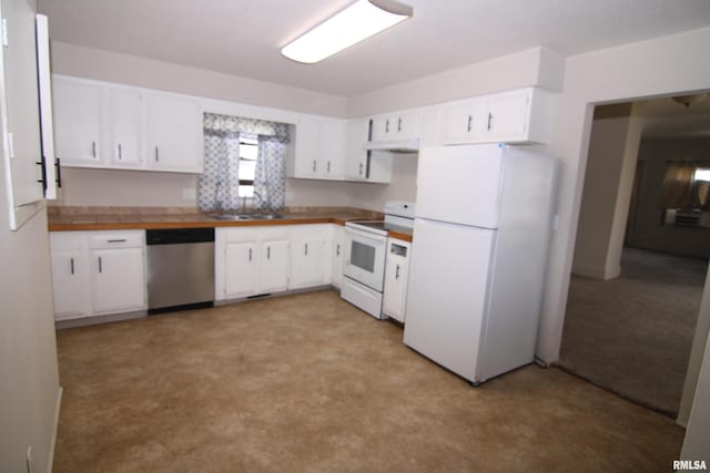 kitchen with white cabinetry, sink, light colored carpet, and white appliances