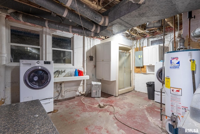 basement featuring washer / dryer, sink, electric panel, and water heater