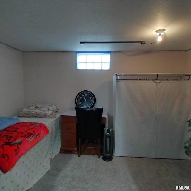 bedroom with light colored carpet