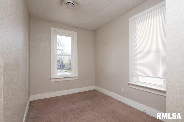 spare room with light colored carpet and a textured ceiling