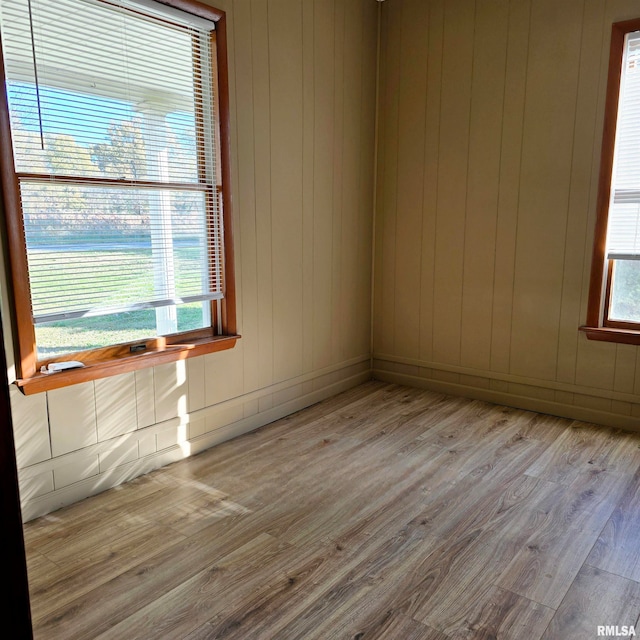 spare room featuring light hardwood / wood-style flooring, wooden walls, and a healthy amount of sunlight