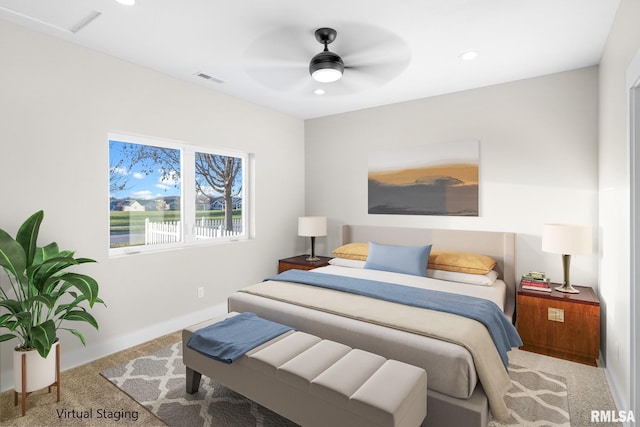 carpeted bedroom featuring ceiling fan