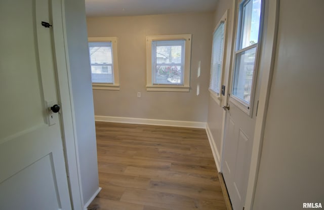 doorway to outside with light wood-type flooring