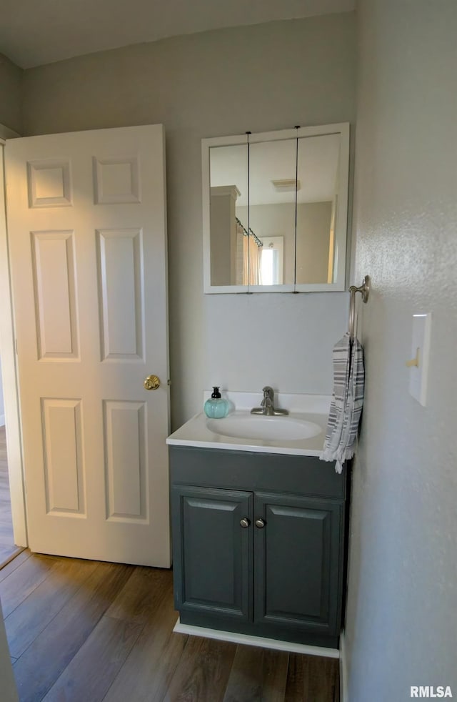 bathroom with wood-type flooring and vanity