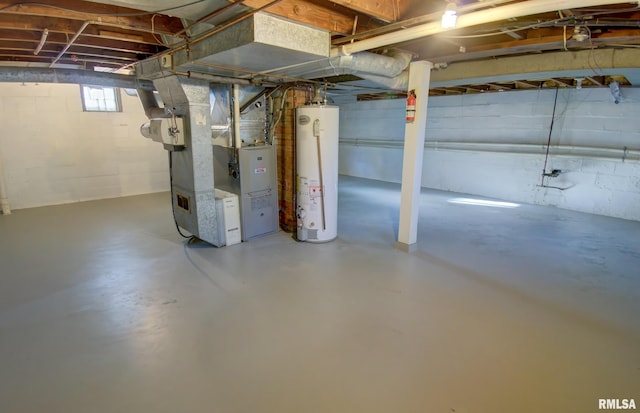 basement with heating unit and water heater