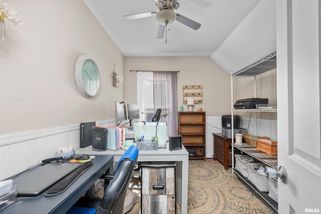 home office featuring ceiling fan and lofted ceiling