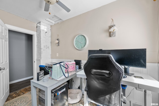 office featuring dark hardwood / wood-style flooring and ceiling fan