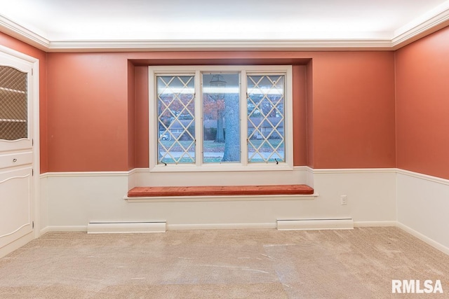 details with carpet, ornamental molding, and a baseboard radiator