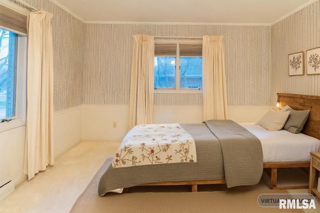 carpeted bedroom featuring ornamental molding