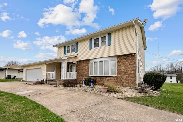 front facade featuring a garage, covered porch, and a front lawn