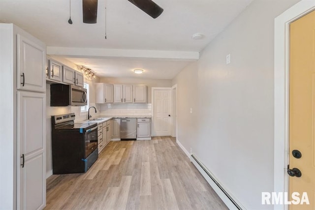 kitchen featuring ceiling fan, sink, stainless steel appliances, a baseboard heating unit, and light hardwood / wood-style floors