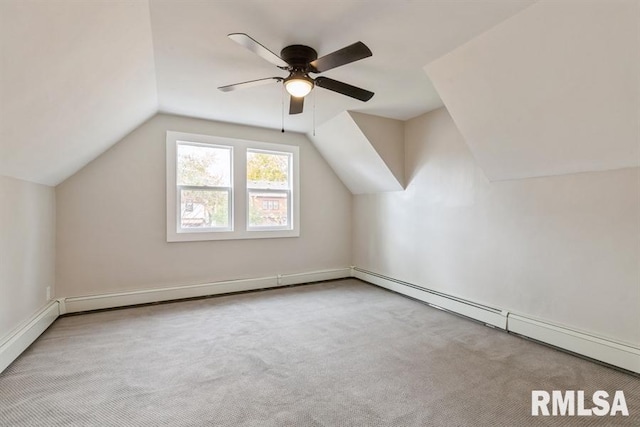 bonus room with carpet flooring, ceiling fan, vaulted ceiling, and a baseboard radiator