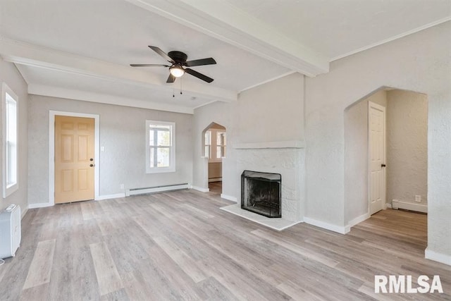 unfurnished living room featuring ceiling fan, beam ceiling, baseboard heating, and light hardwood / wood-style flooring