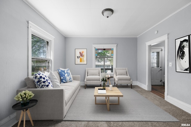 living room featuring carpet flooring, ornamental molding, and a wealth of natural light