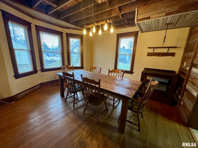 dining room with beam ceiling and dark wood-type flooring