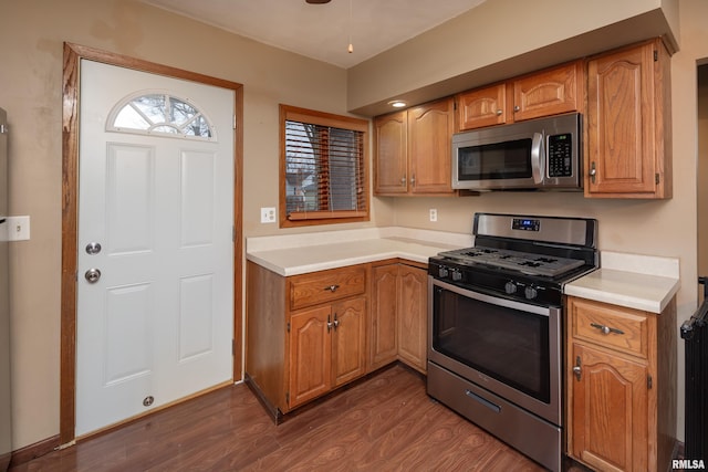 kitchen with dark hardwood / wood-style floors and appliances with stainless steel finishes