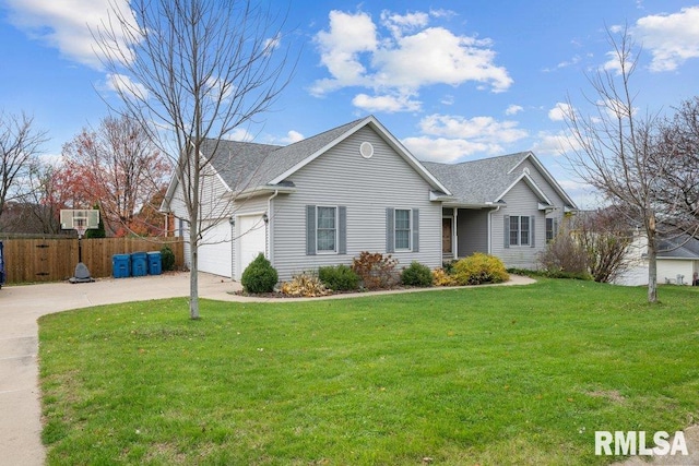 single story home featuring a front lawn and a garage