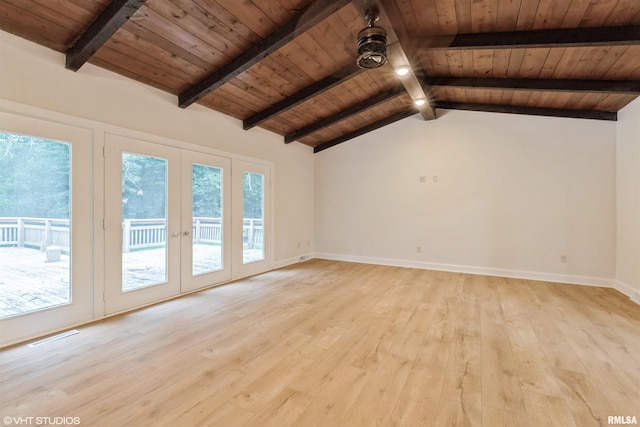 27339 Sherry Ann Ct, Donahue, IA 52746 - empty room with french doors, light wood finished floors, and wooden ceiling