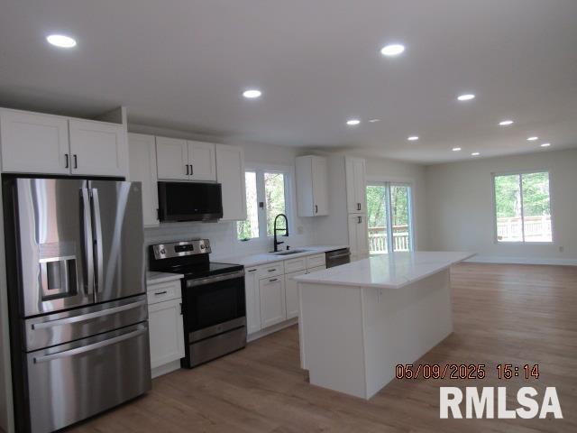 27339 Sherry Ann Ct, Donahue, IA 52746 - kitchen with stainless steel appliances, a sink, healthy amount of natural light, light countertops, and recessed lighting