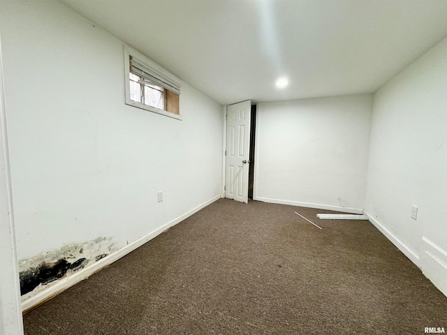 basement featuring dark carpet