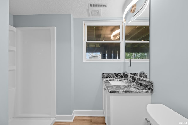 bathroom featuring wood-type flooring, toilet, a textured ceiling, and vanity