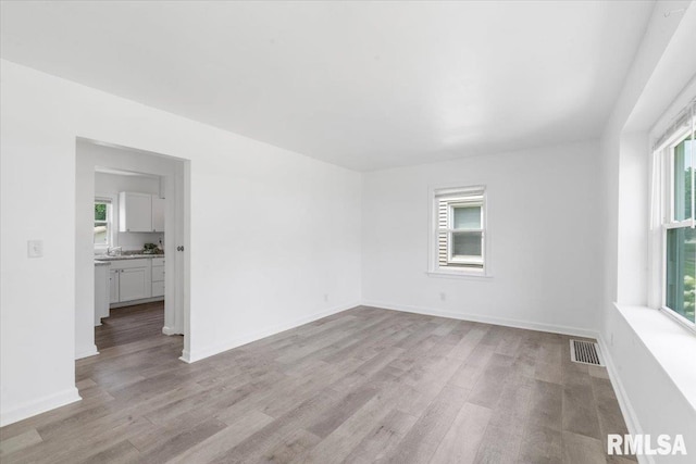 spare room with light hardwood / wood-style floors, plenty of natural light, and sink